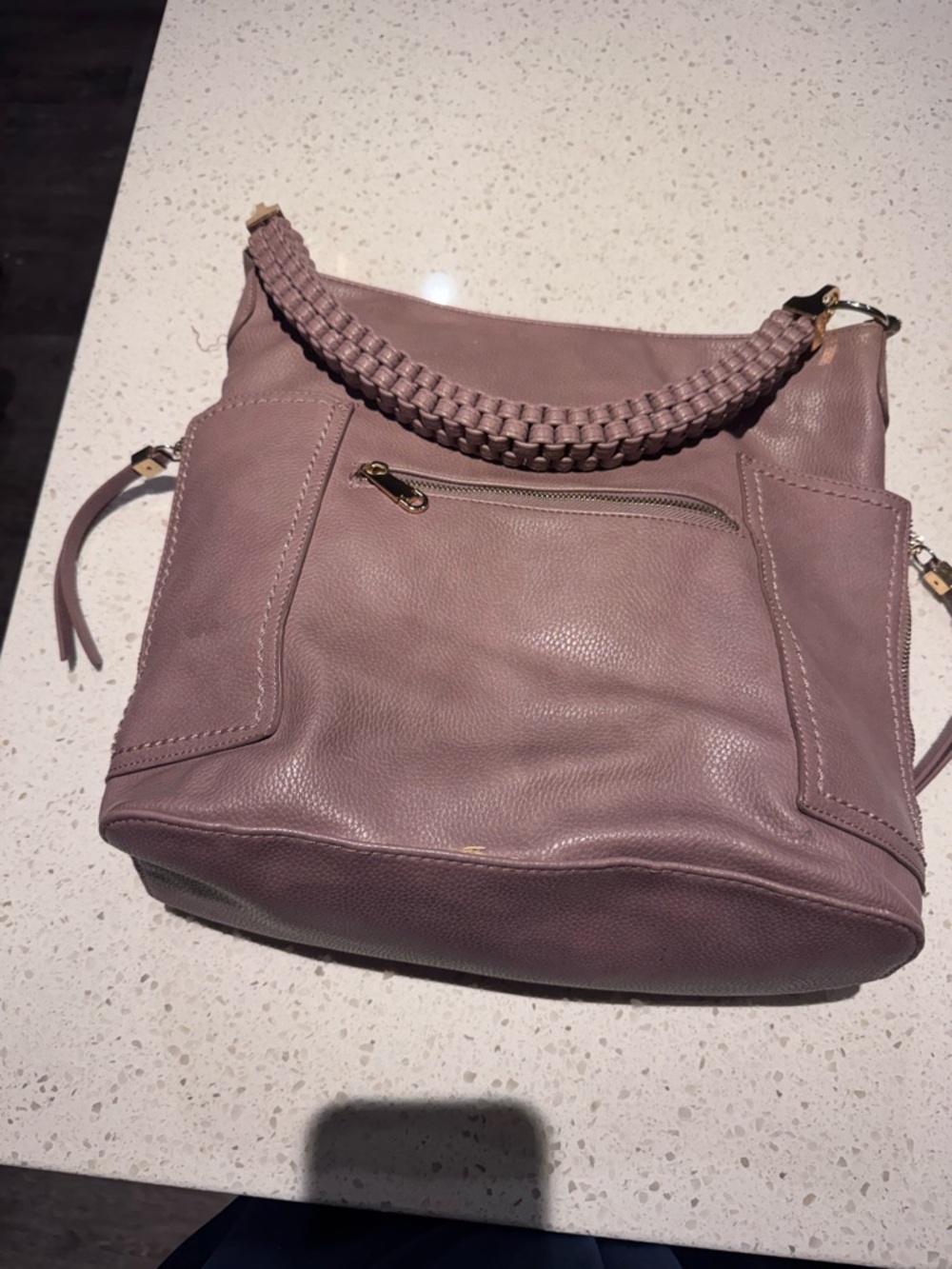 Women's Mauve Leather Shoulder Bag - Braided Handle